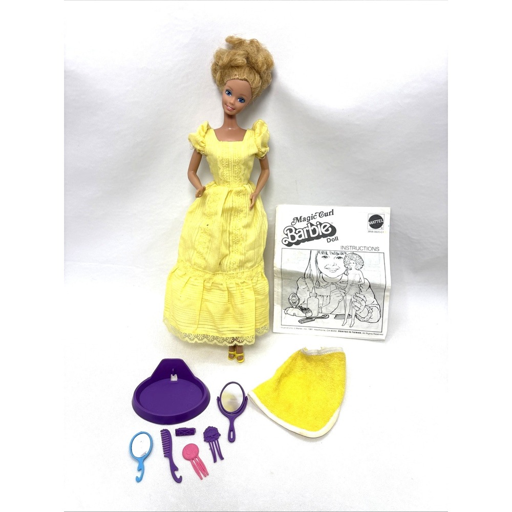 Vtg 1981 Magic Curl‎ Barbie Doll #3554 Original Yellow Dress Shoes Accessories
